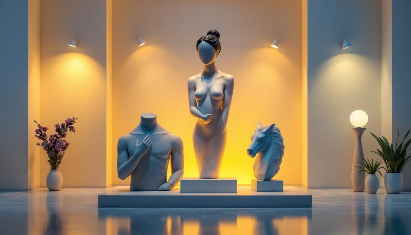 A photograph of a beautifully lit sculpture in an elegant setting