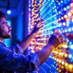 A photograph of a skilled lighting contractor carefully installing or adjusting a vibrant led light artwork in a modern interior setting