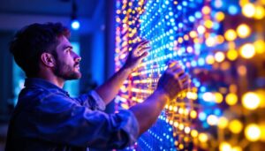 A photograph of a skilled lighting contractor carefully installing or adjusting a vibrant led light artwork in a modern interior setting