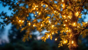 A photograph of a beautifully illuminated tree adorned with solar-powered outdoor lights at dusk