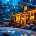 A photograph of a beautifully decorated christmas scene featuring projection lights casting colorful