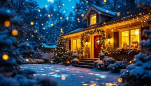 A photograph of a beautifully decorated christmas scene featuring projection lights casting colorful