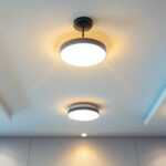 A photograph of a well-lit ceiling showcasing various stylish recessed lighting fixtures