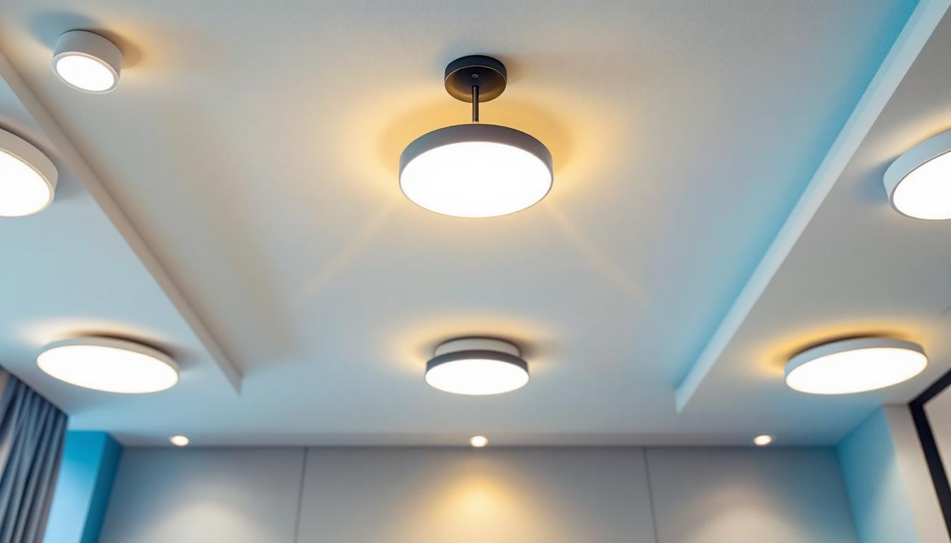 A photograph of a well-lit ceiling showcasing various stylish recessed lighting fixtures