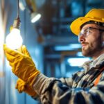 A photograph of a lighting contractor expertly installing or replacing a fluorescent light bulb in a commercial setting