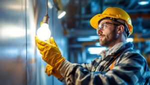A photograph of a lighting contractor expertly installing or replacing a fluorescent light bulb in a commercial setting