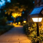 A photograph of a solar-powered dusk-to-dawn light illuminating a pathway or outdoor area at twilight