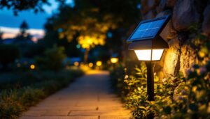 A photograph of a solar-powered dusk-to-dawn light illuminating a pathway or outdoor area at twilight