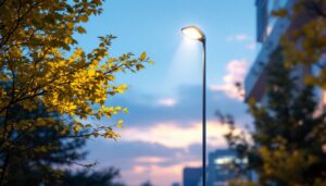 A photograph of a modern exterior light post in an outdoor setting