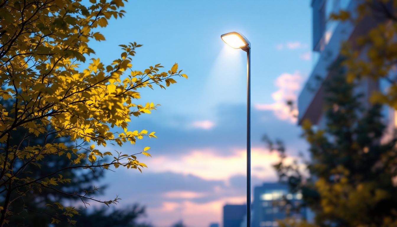 A photograph of a modern exterior light post in an outdoor setting