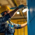 A photograph of a lighting contractor using a 6 ft cord while installing or adjusting lighting fixtures on a job site
