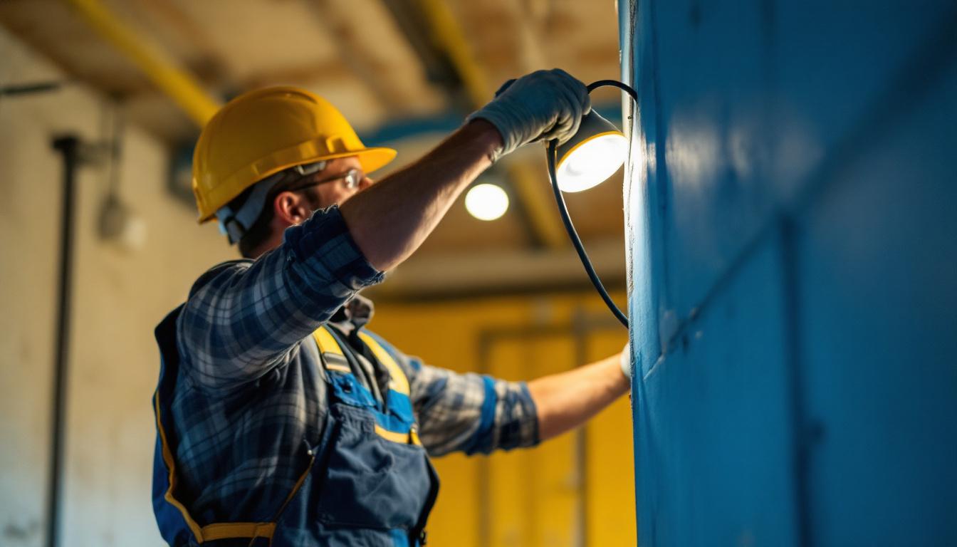 A photograph of a lighting contractor using a 6 ft cord while installing or adjusting lighting fixtures on a job site