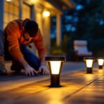 A photograph of a beautifully illuminated outdoor deck at dusk