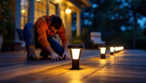 A photograph of a beautifully illuminated outdoor deck at dusk