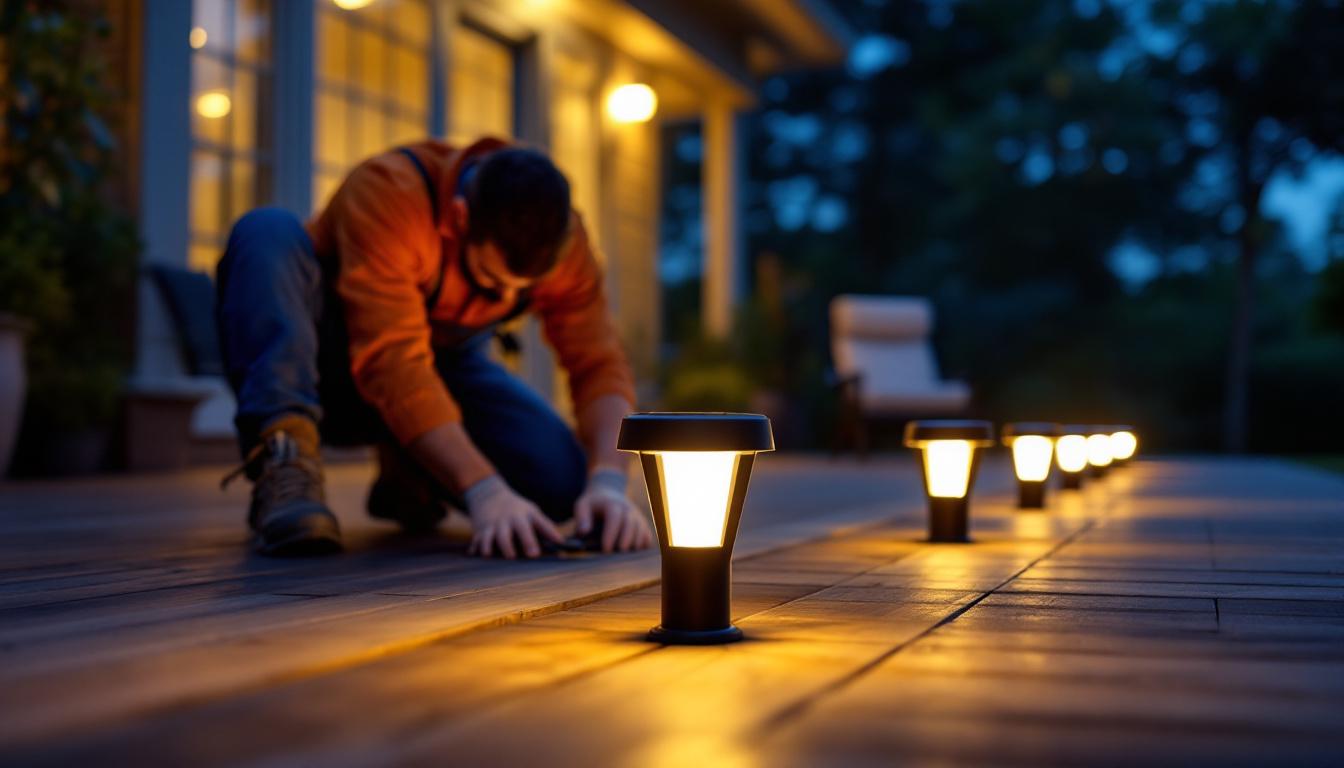 A photograph of a beautifully illuminated outdoor deck at dusk