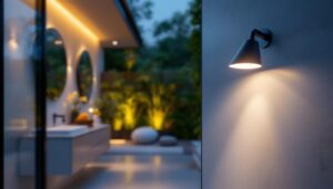 A photograph of a wet location recessed light fixture installed in a stylish bathroom or outdoor setting