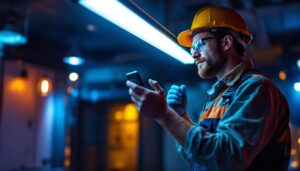 A photograph of a lighting contractor installing or demonstrating an electronic ballast in a commercial or residential setting
