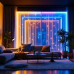 A photograph of a skilled lighting contractor installing vibrant small led light strips in a modern interior space