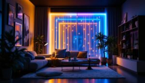 A photograph of a skilled lighting contractor installing vibrant small led light strips in a modern interior space