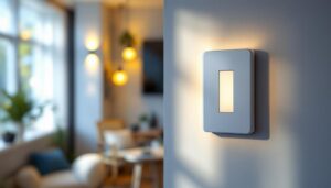 A photograph of a modern security light switch in a well-lit home environment