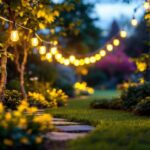 A photograph of a well-lit garden scene featuring 120-volt garden lights