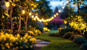 A photograph of a well-lit garden scene featuring 120-volt garden lights