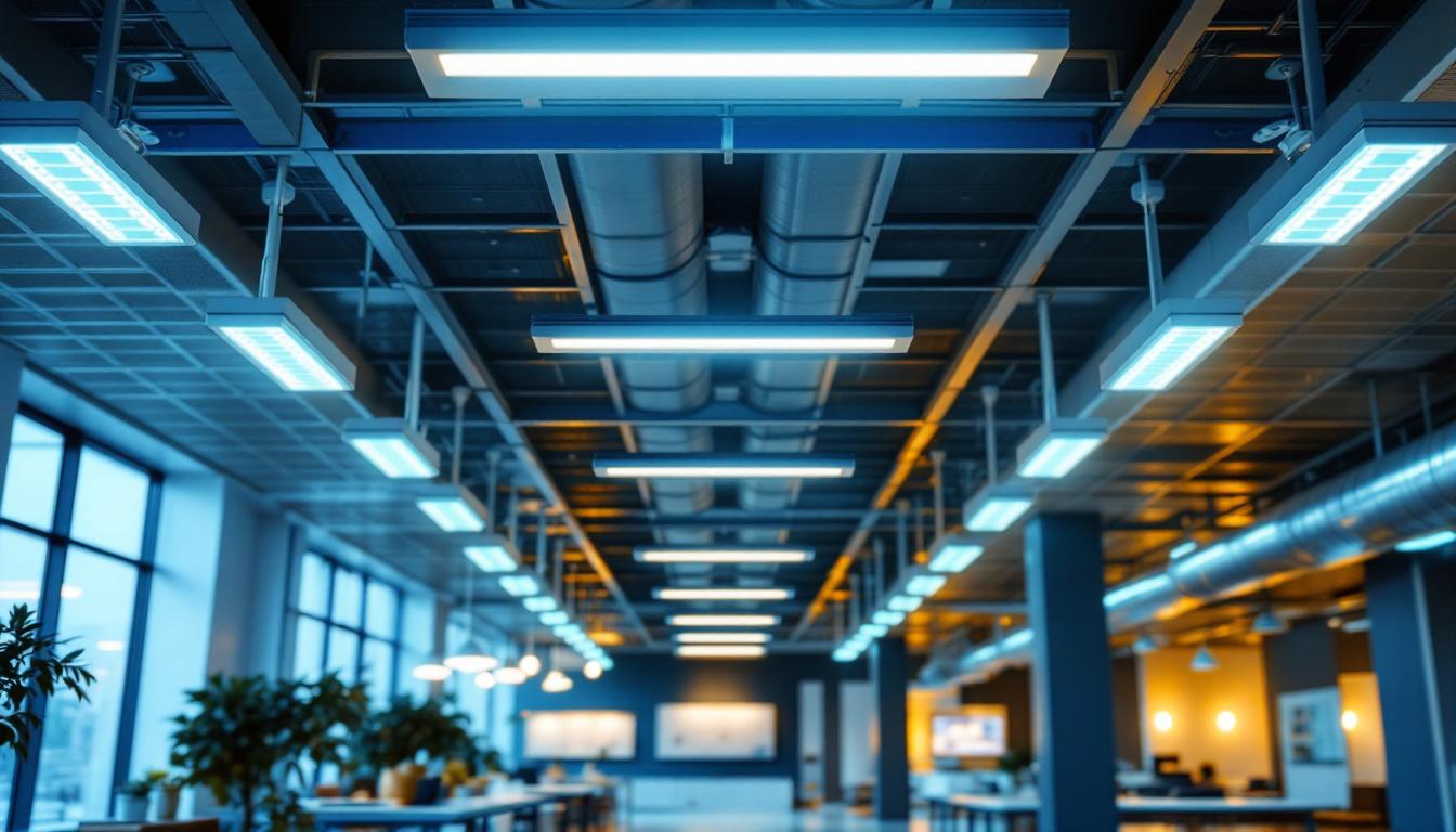 A photograph of a well-lit commercial space featuring sleek led ceiling grid lights in use