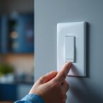 A photograph of a lighting contractor installing a sleek white toggle switch in a modern home setting