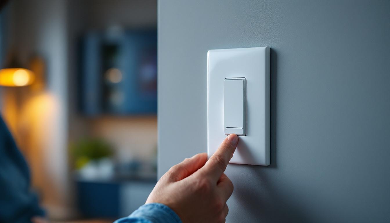 A photograph of a lighting contractor installing a sleek white toggle switch in a modern home setting