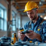 A photograph of a lighting contractor in action