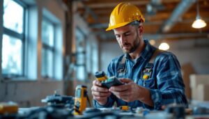 A photograph of a lighting contractor in action