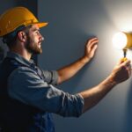 A photograph of a lighting contractor installing a sleek led wall lamp in a modern interior setting