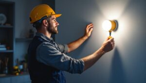 A photograph of a lighting contractor installing a sleek led wall lamp in a modern interior setting