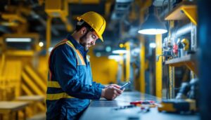 A photograph of a lighting contractor at work
