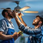 A photograph of a skilled lighting contractor installing or replacing ceiling fan lights in a well-lit room