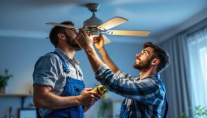 A photograph of a skilled lighting contractor installing or replacing ceiling fan lights in a well-lit room