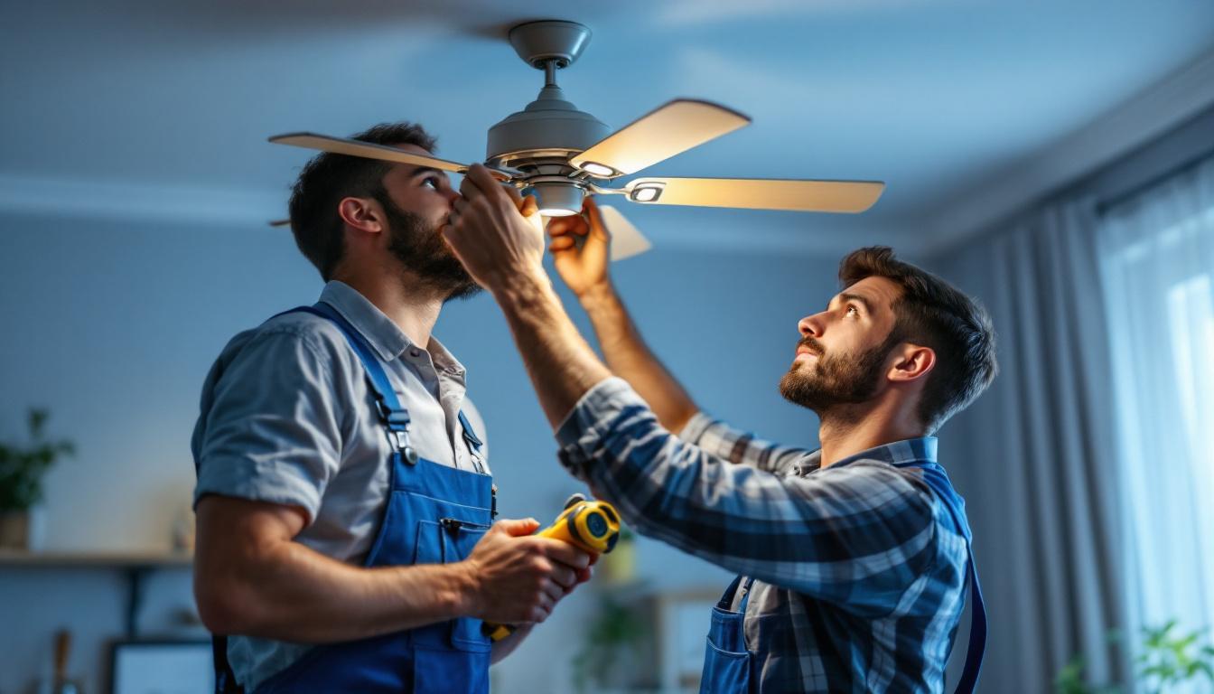 A photograph of a skilled lighting contractor installing or replacing ceiling fan lights in a well-lit room