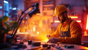 A photograph of a lighting contractor actively engaged in a dynamic workspace