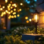 A photograph of a small outdoor light elegantly illuminating a cozy outdoor space
