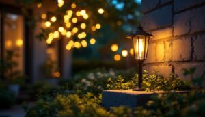 A photograph of a small outdoor light elegantly illuminating a cozy outdoor space