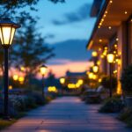A photograph of a beautifully illuminated outdoor space featuring various styles of solar led lamps in use