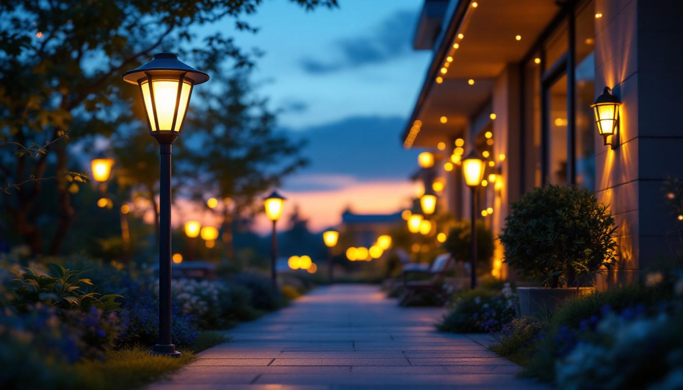 A photograph of a beautifully illuminated outdoor space featuring various styles of solar led lamps in use
