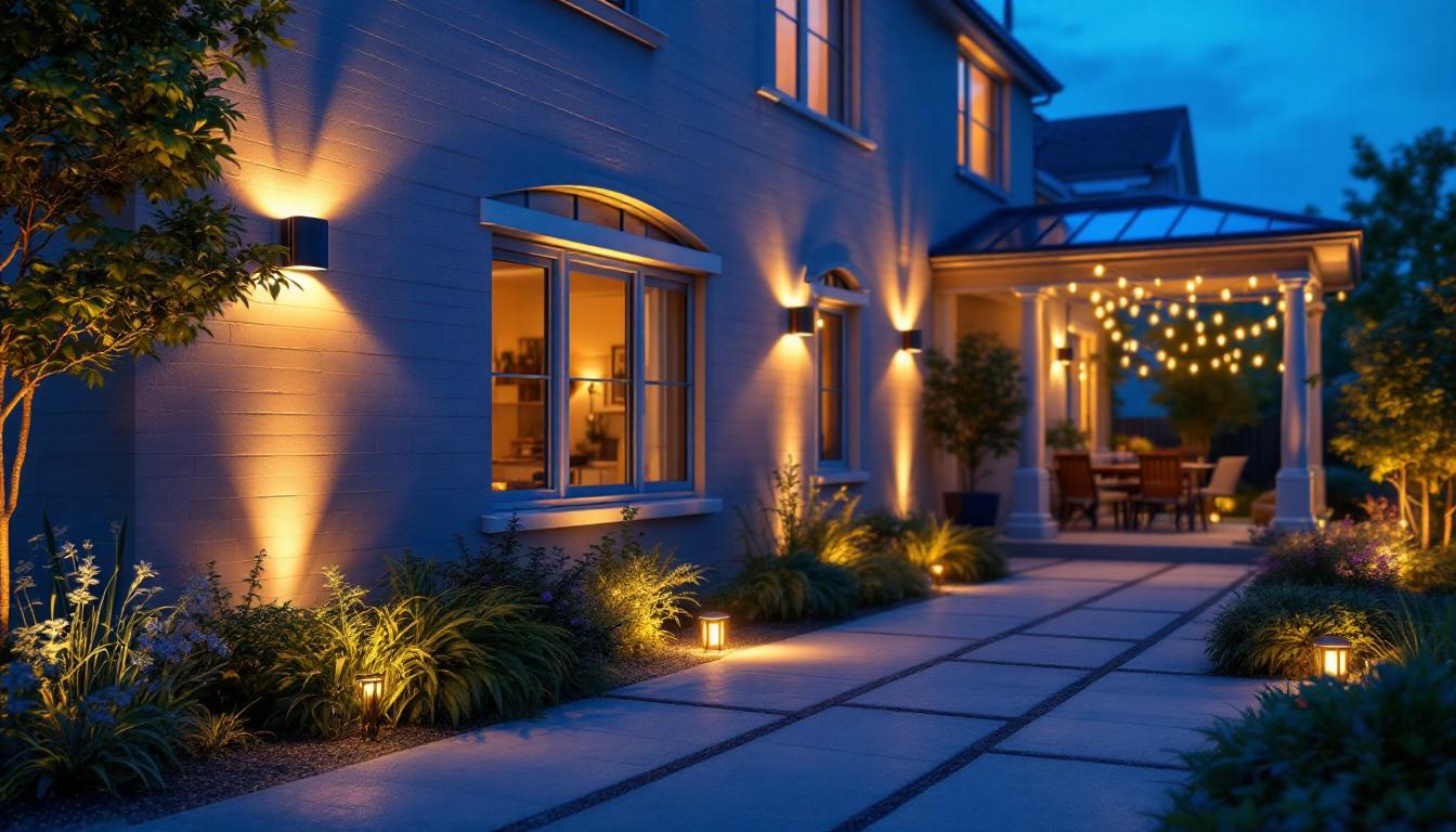 A photograph of a beautifully lit outdoor space showcasing various styles of accent lighting
