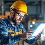 A photograph of a lighting contractor examining a 5000 lumen lamp in a well-lit workspace
