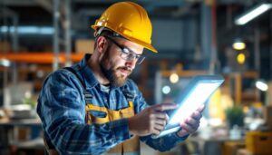 A photograph of a lighting contractor examining a 5000 lumen lamp in a well-lit workspace