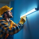A photograph of a lighting contractor skillfully installing a linear led light strip in a modern interior setting