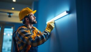 A photograph of a lighting contractor skillfully installing a linear led light strip in a modern interior setting