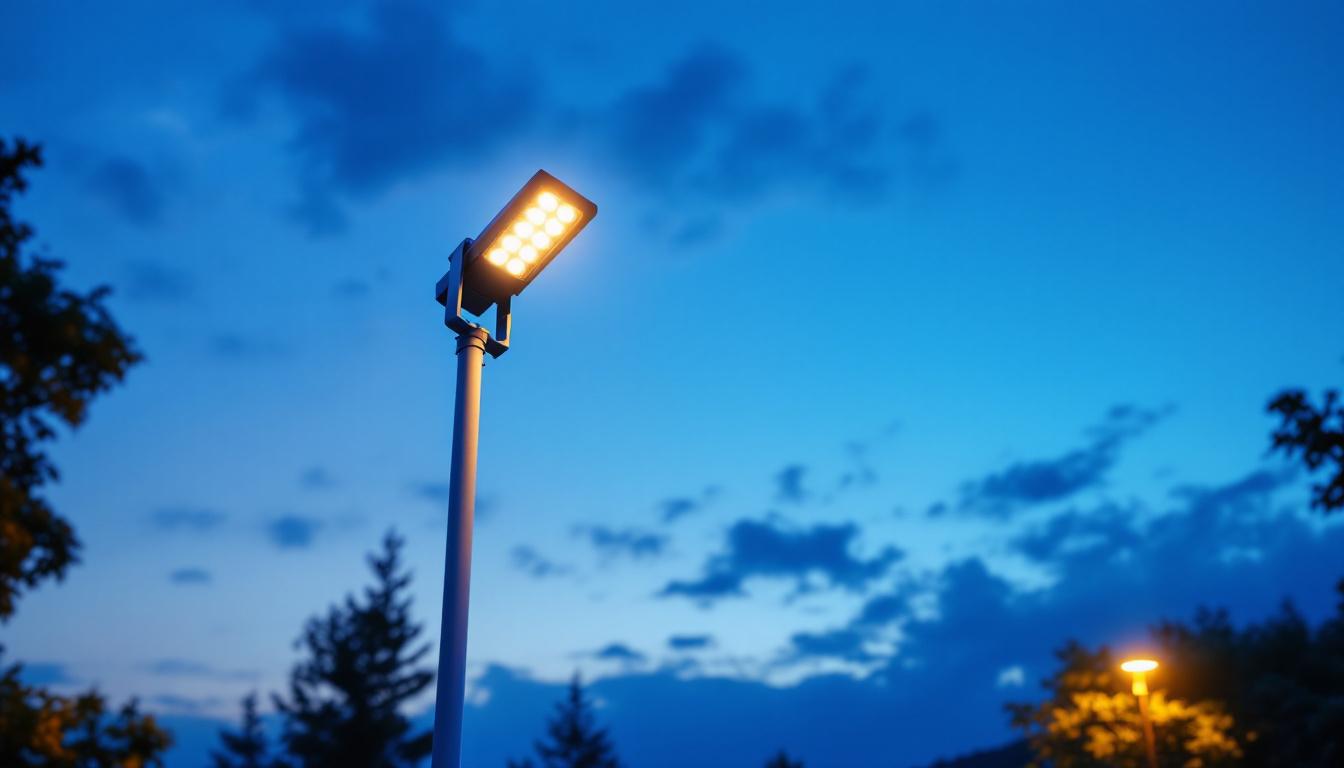 A photograph of a beautifully illuminated flagpole at dusk