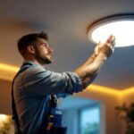 A photograph of a lighting contractor efficiently installing large recessed lighting fixtures in a modern residential setting