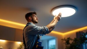 A photograph of a lighting contractor efficiently installing large recessed lighting fixtures in a modern residential setting